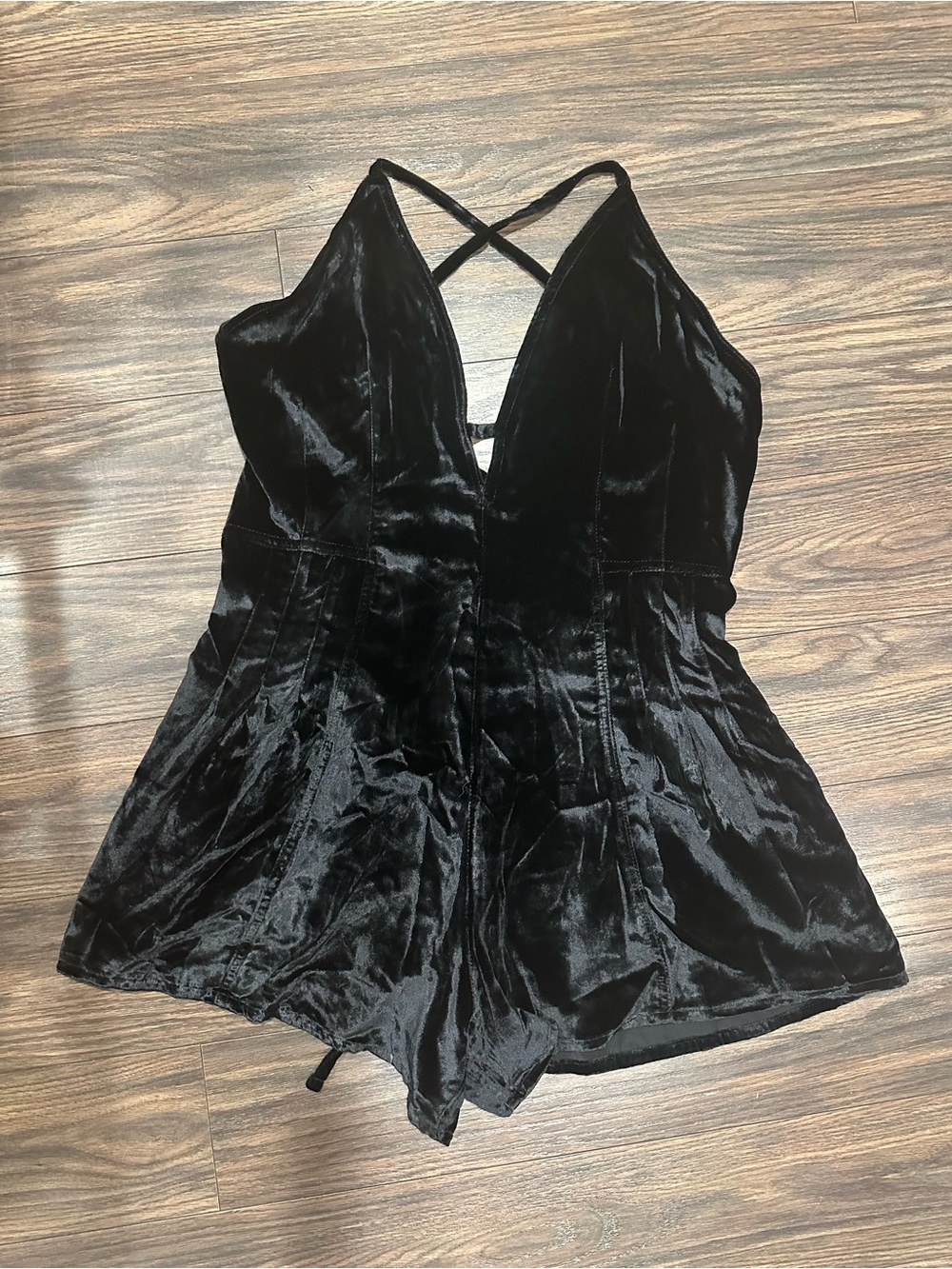 Free People Nostalgia Black Ultra Velvet Shortall Strappy Romper Pockets L NWT